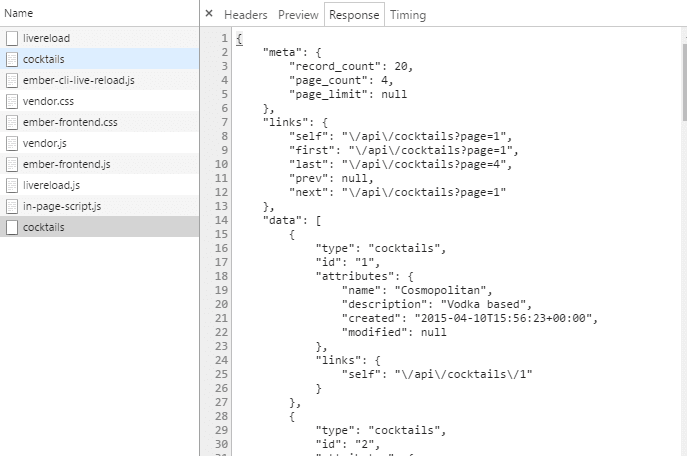 Ember Inspector show API response